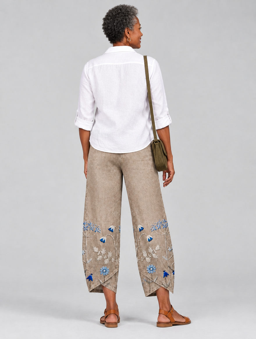 Everlee floral comfort pants in khaki, back view