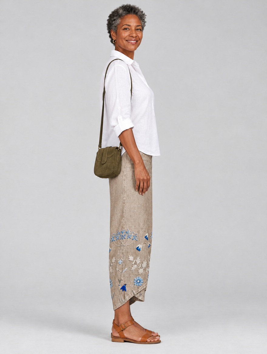 Everlee floral comfort pants in khaki, side view