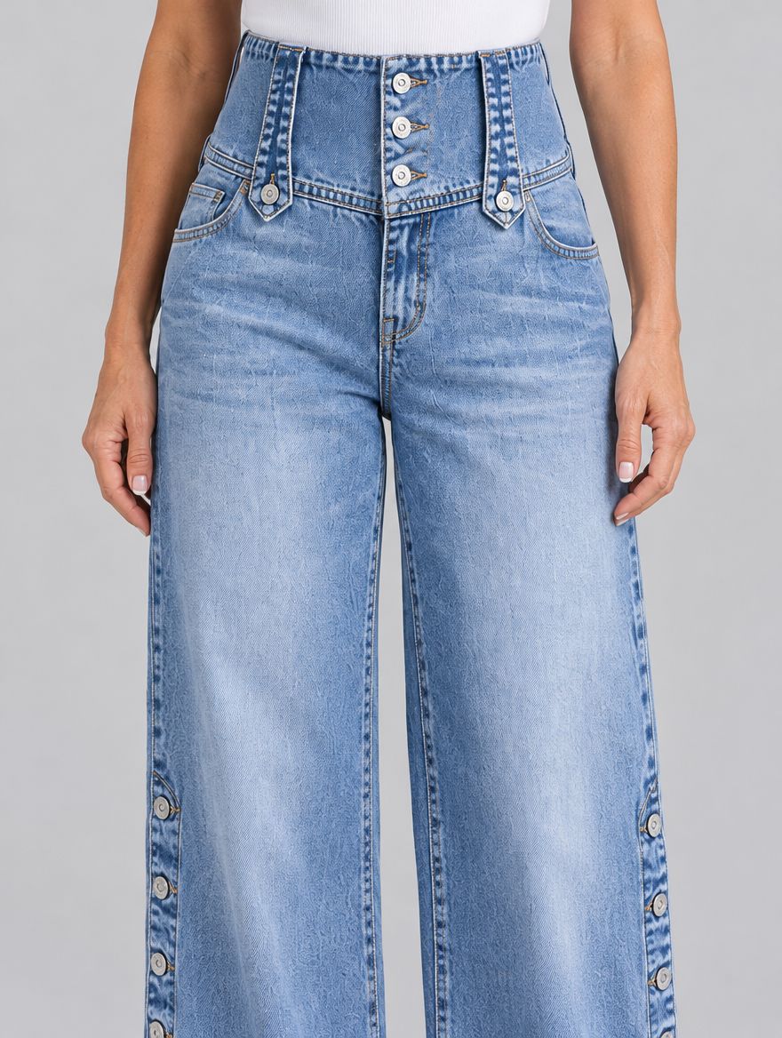 Jolene high waist slit jeans in light blue, close up of buttoned waistband and side buttons