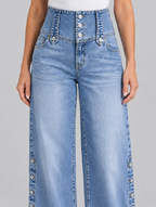 Jolene high waist slit jeans in light blue, close up of buttoned waistband and side buttons