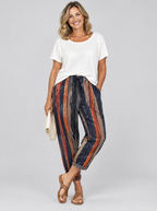 Paulina cotton linen trousers in navy, rust and taupe stripe, front view
