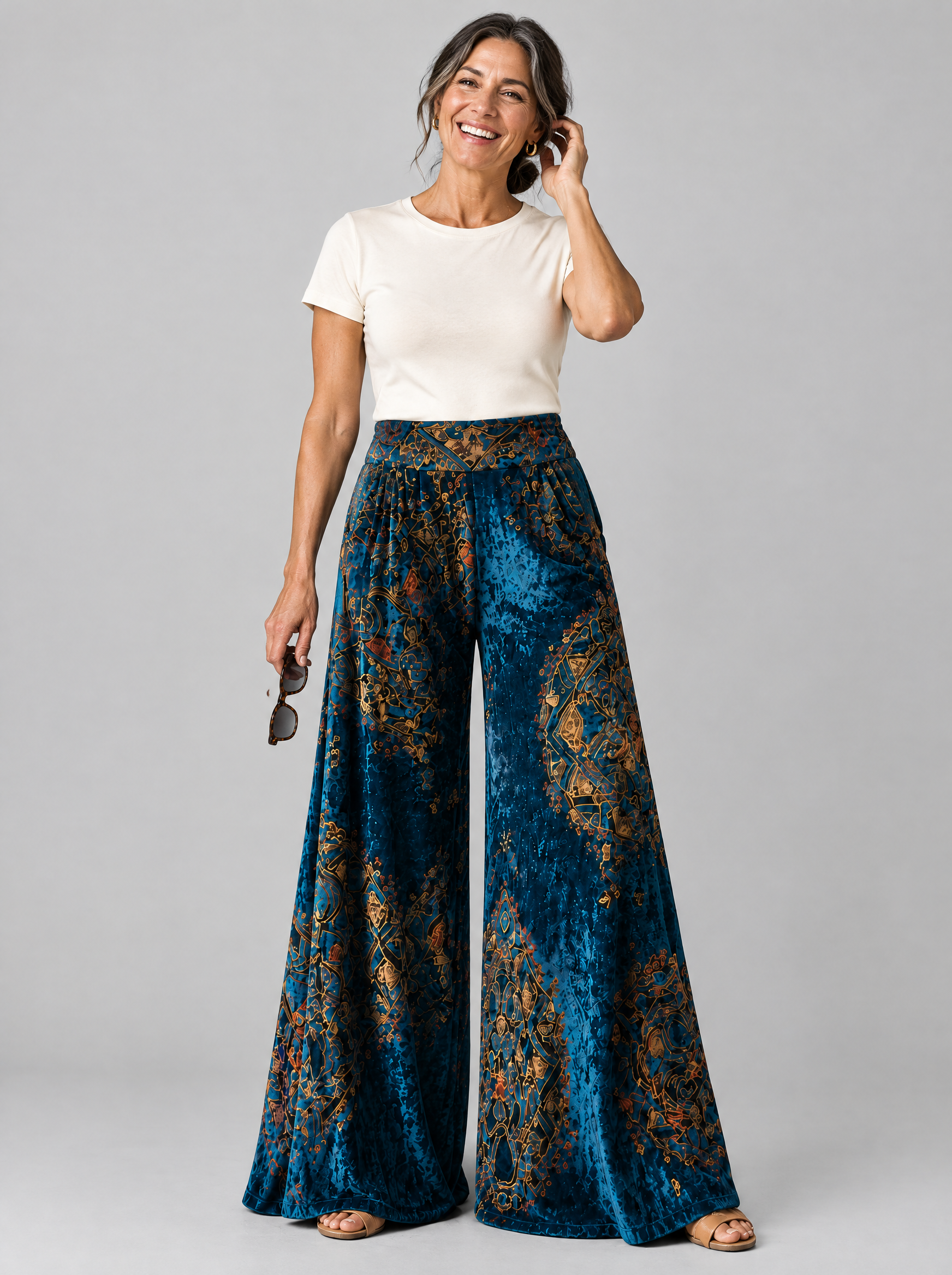 Lucy boho wide leg pants in midnight sapphire velvet with gold medallion print, front view