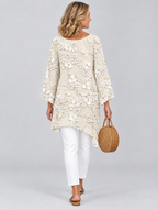 Violet top in beige, back view