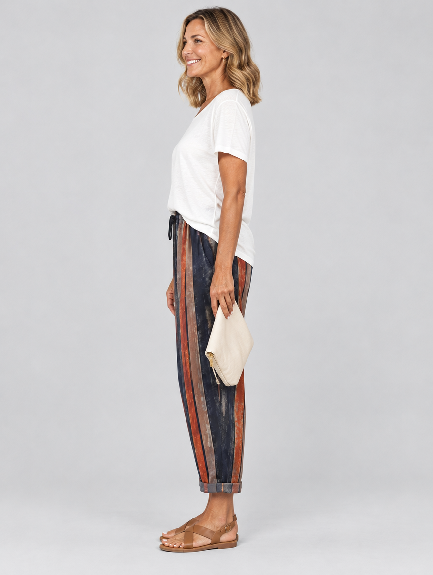 Paulina cotton linen trousers in navy stripe, side view