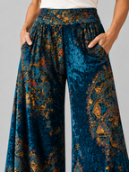 Lucy boho wide leg pants in midnight sapphire, close up of waistband, pockets and print