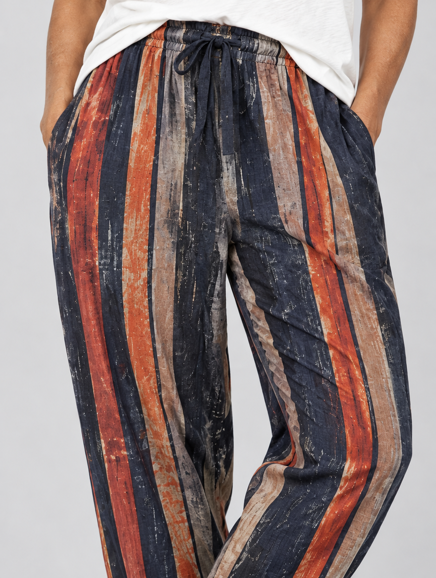 Paulina cotton linen trousers in navy stripe, close up of drawstring waist and print