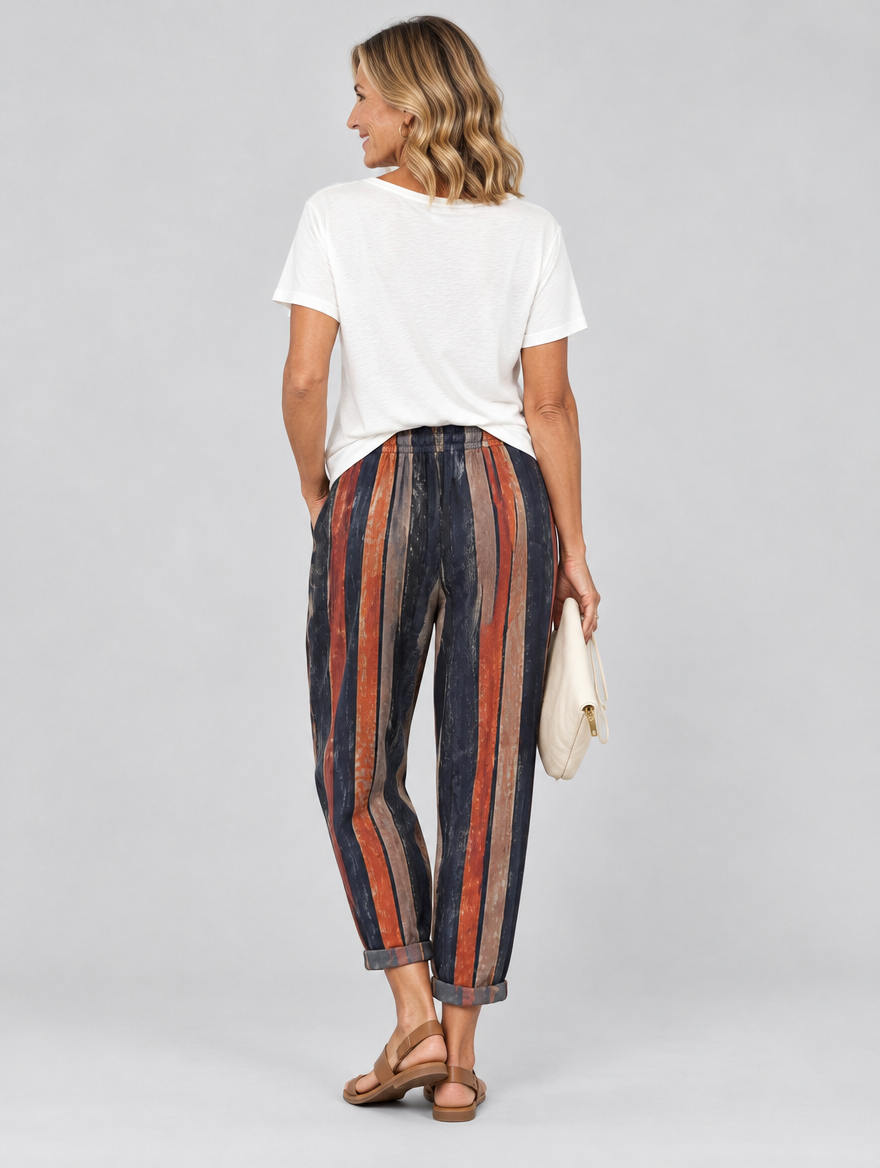 Paulina cotton linen trousers in navy stripe, back view