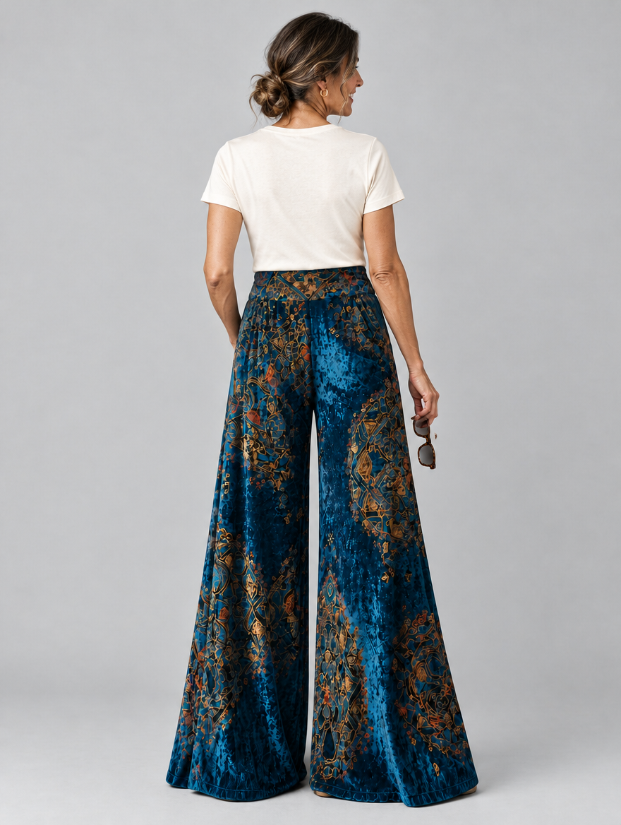 Lucy boho wide leg pants in midnight sapphire, back view
