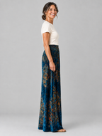 Lucy boho wide leg pants in midnight sapphire, side view