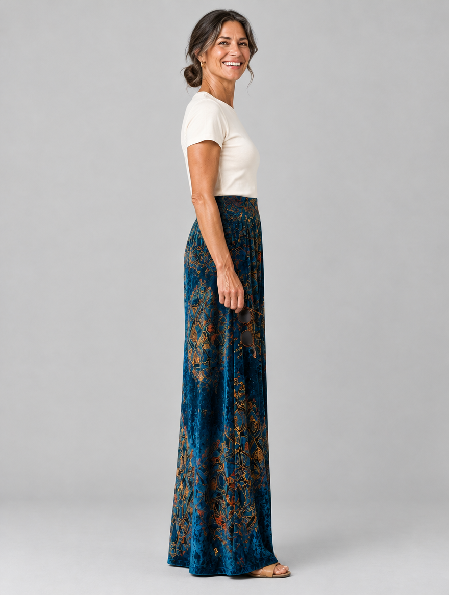 Lucy boho wide leg pants in midnight sapphire, side view