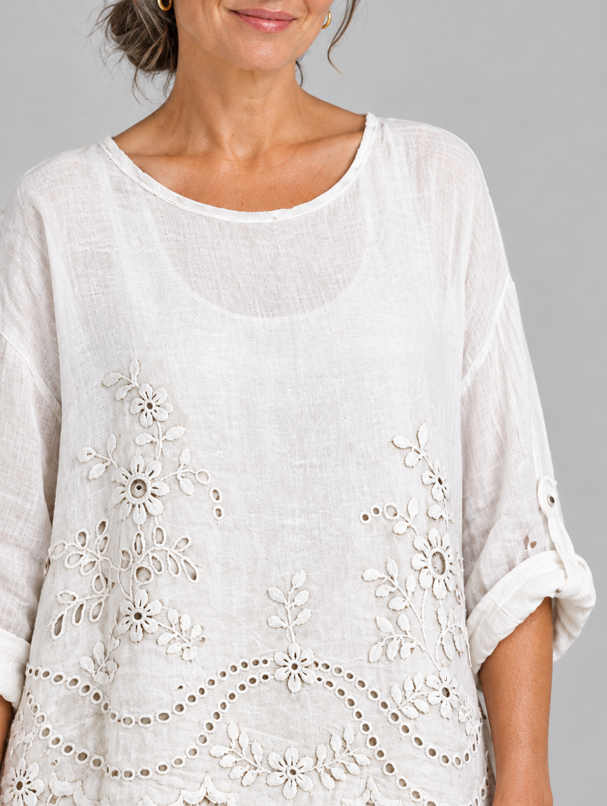 Evelyn blouse, close up of embroidery and neckline