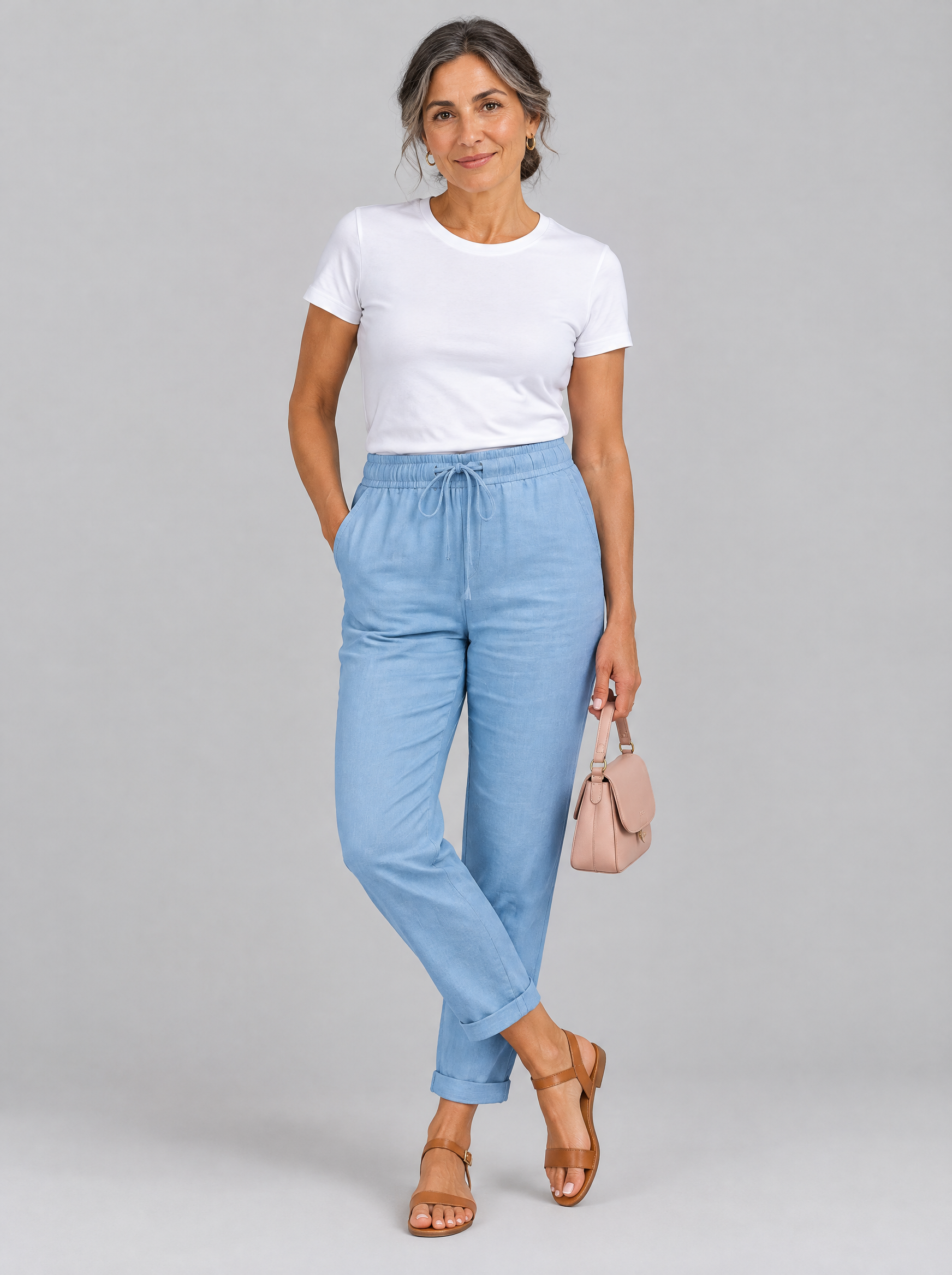 Adrianna linen trousers in light blue, front view