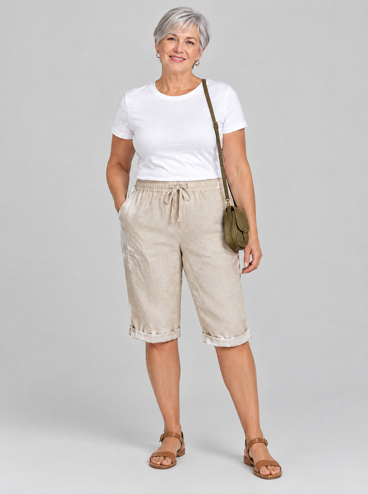 Isla linen shorts in beige, front view