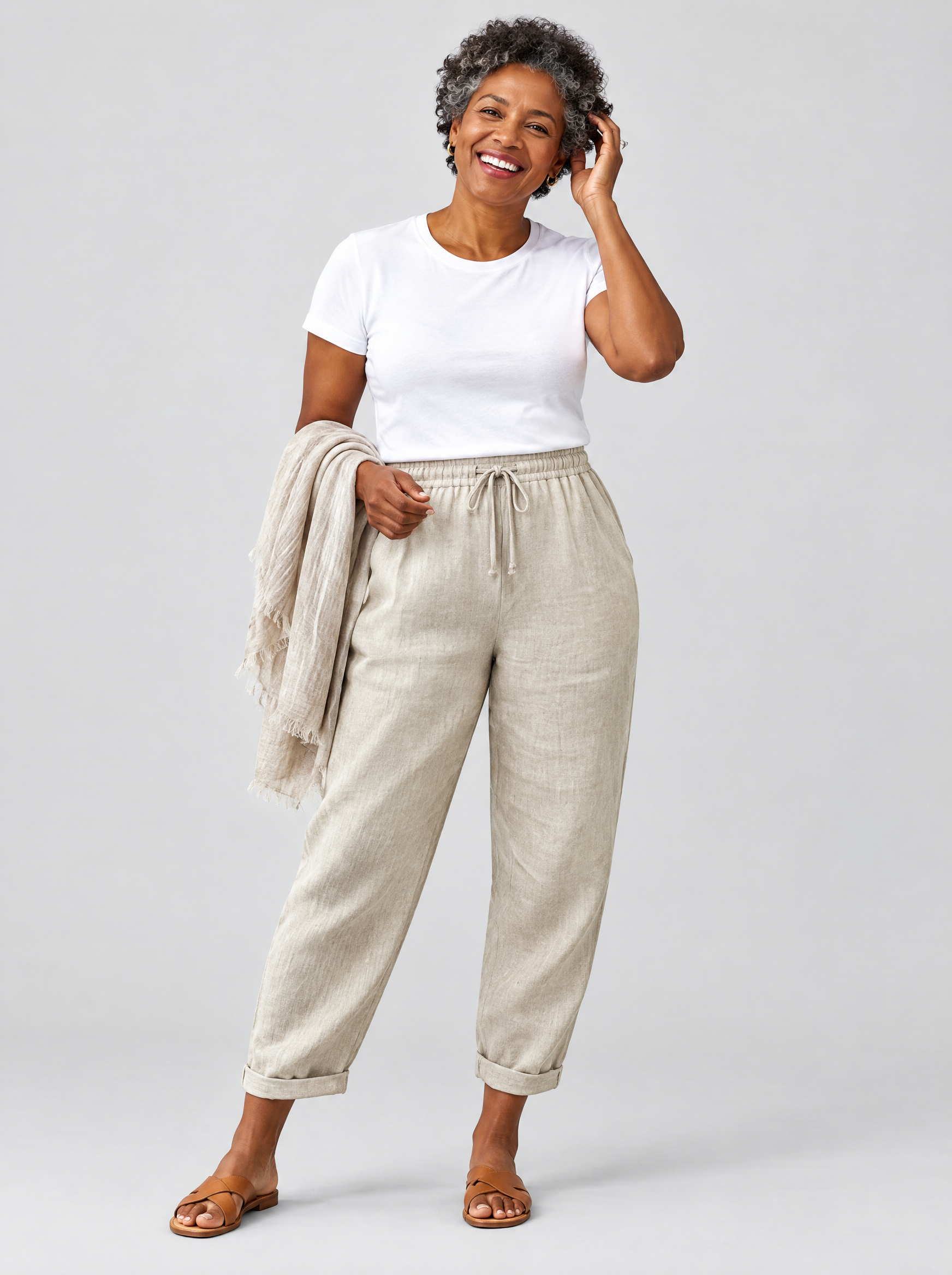 Ella cotton linen pants in beige, front view