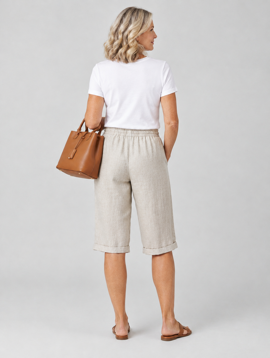 Bali linen shorts in beige, back view