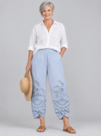 Gianna lace pants in blue, front view