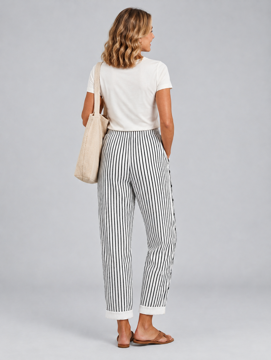 Milan striped comfort pants in black and white, back view