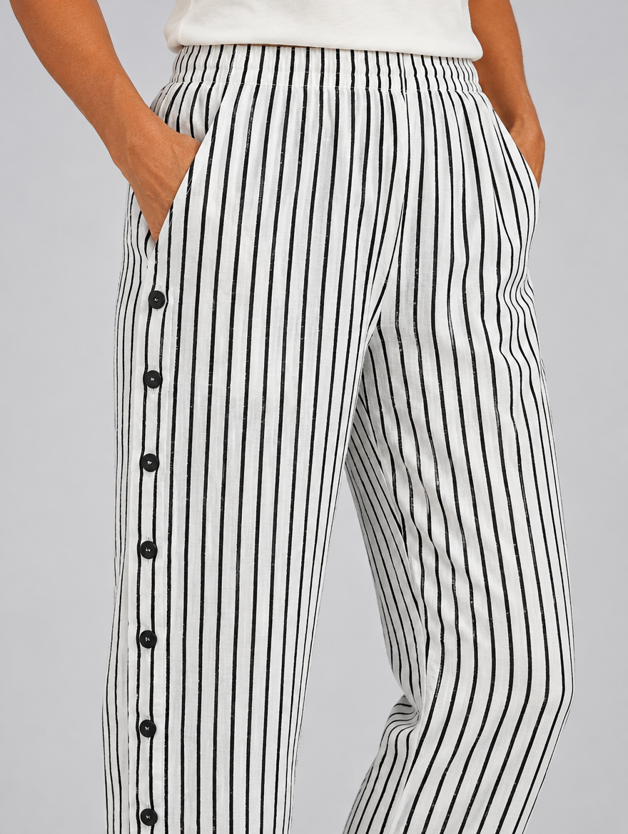 Milan striped comfort pants in black and white, close up of waistband and fabric
