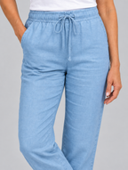 Adrianna linen trousers in light blue, close up of waistband and fabric