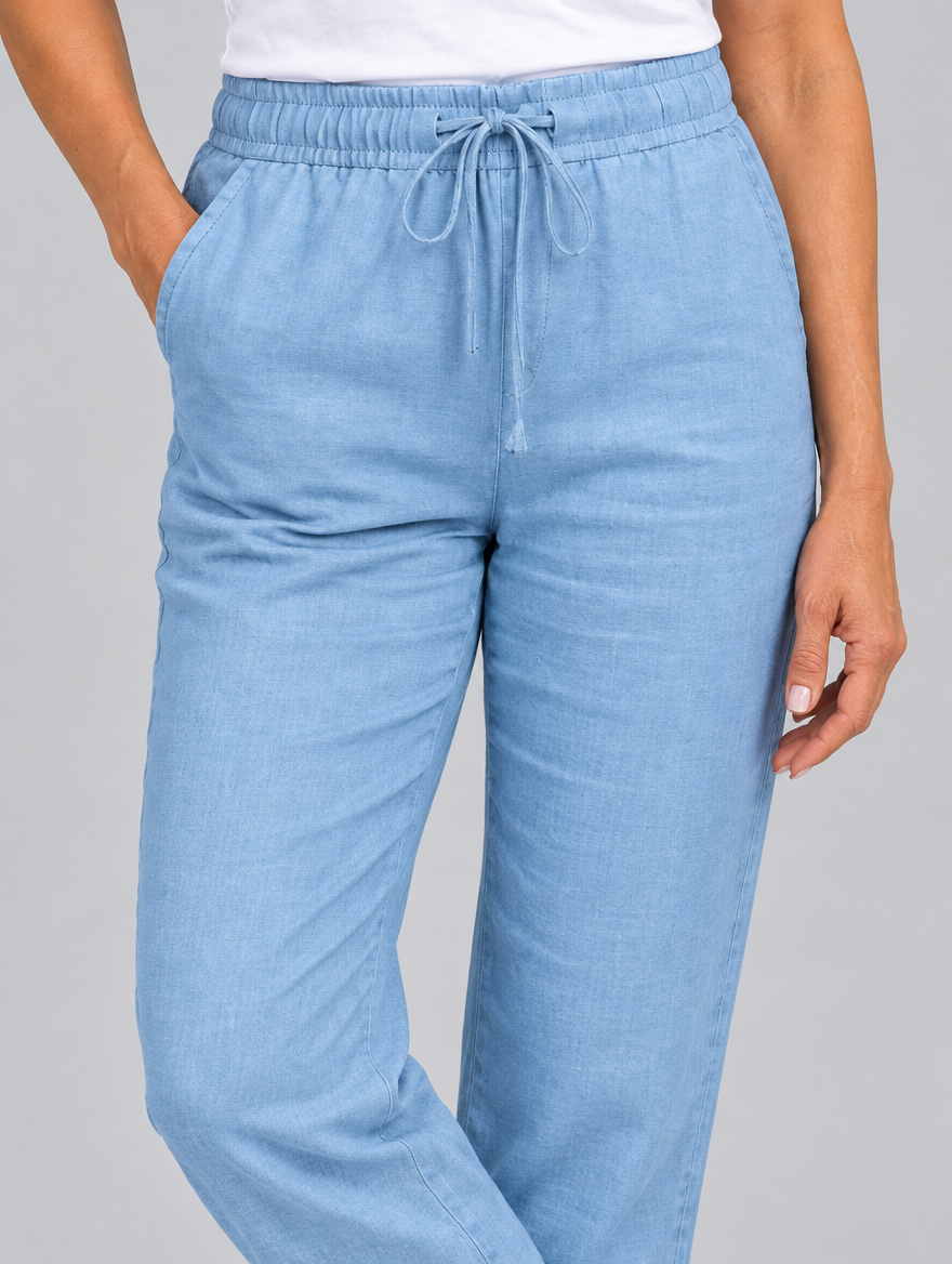 Adrianna linen trousers in light blue, close up of waistband and fabric