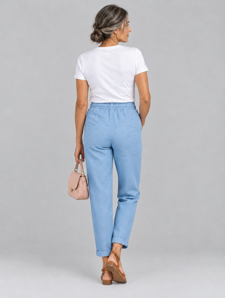 Adrianna linen trousers in light blue, back view