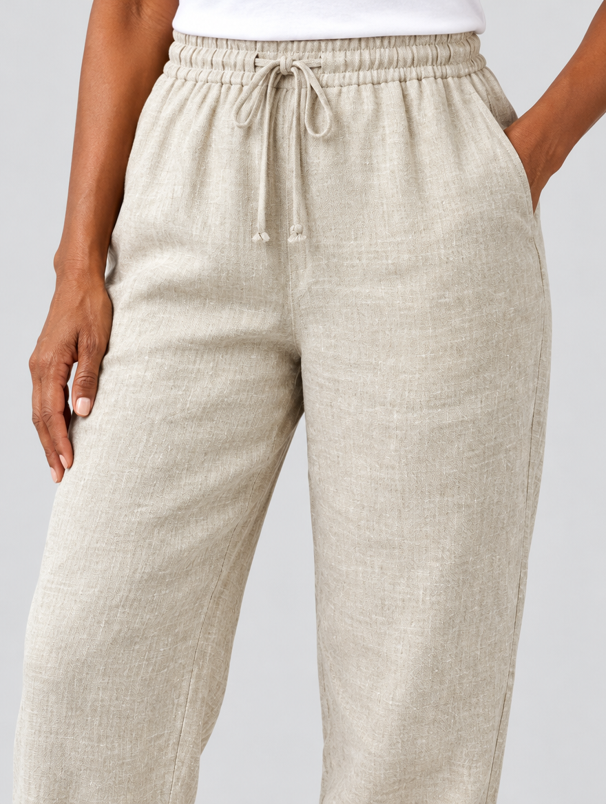 Ella cotton linen pants in beige, close up of waistband and fabric
