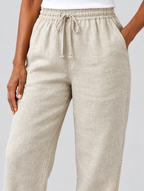 Ella cotton linen pants in beige, close up of waistband and fabric