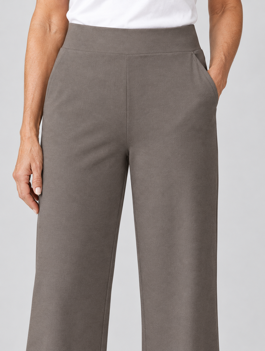 Olivia stretch pants in taupe, close up of waistband and fabric