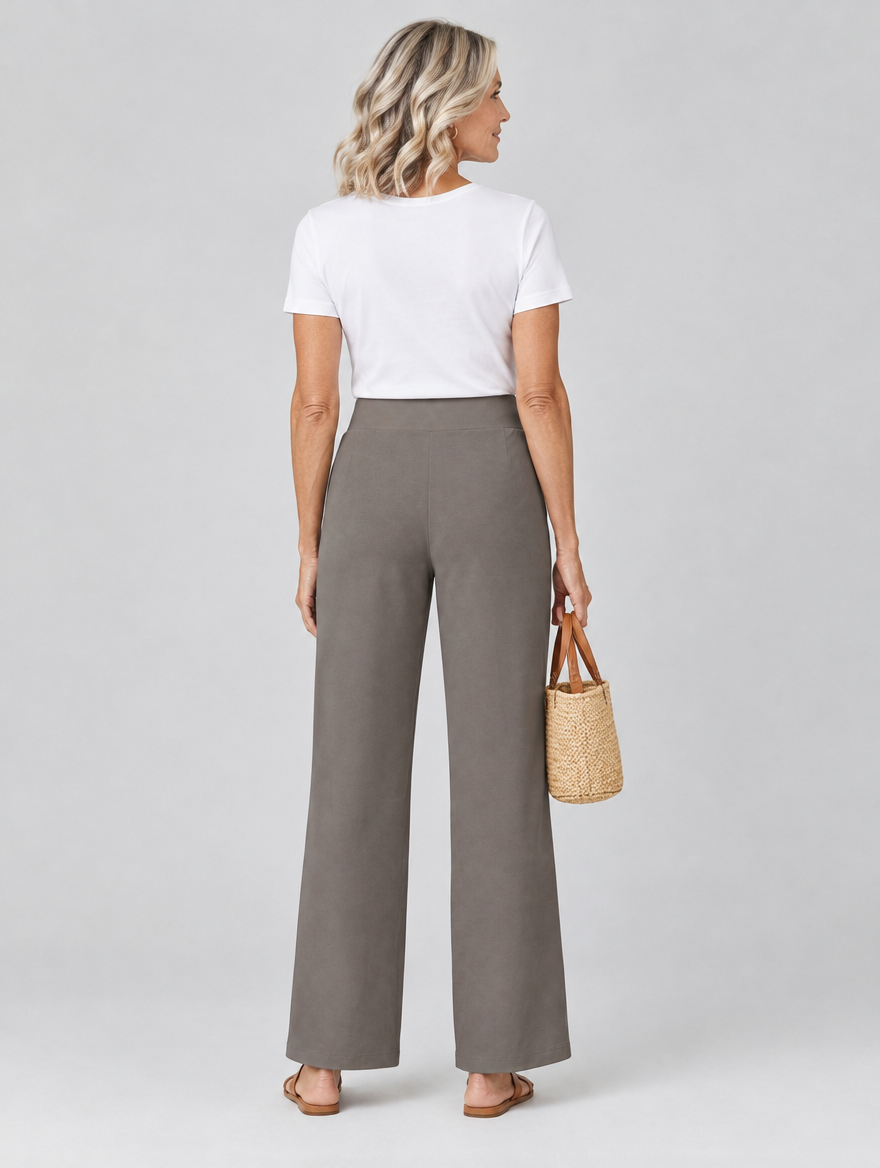 Olivia stretch pants in taupe, back view
