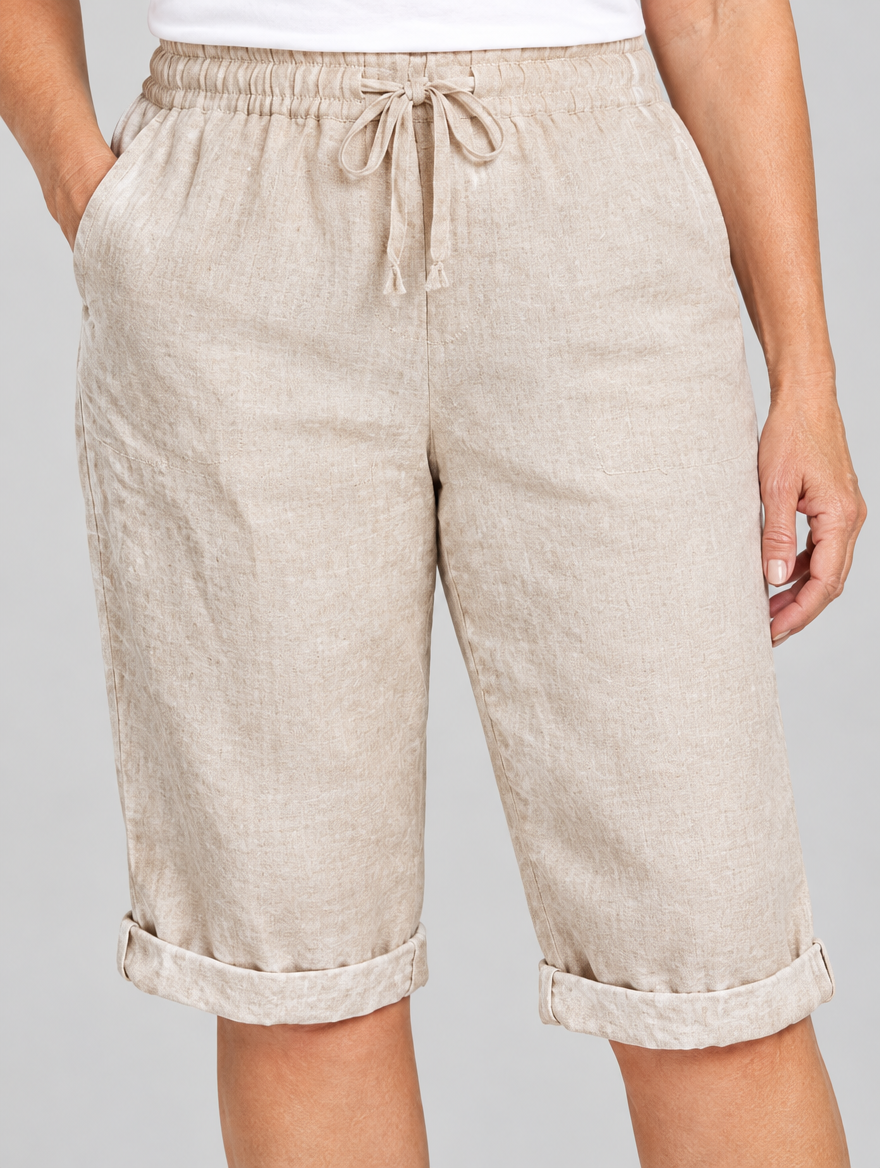 Isla linen shorts in beige, close up of waistband and fabric