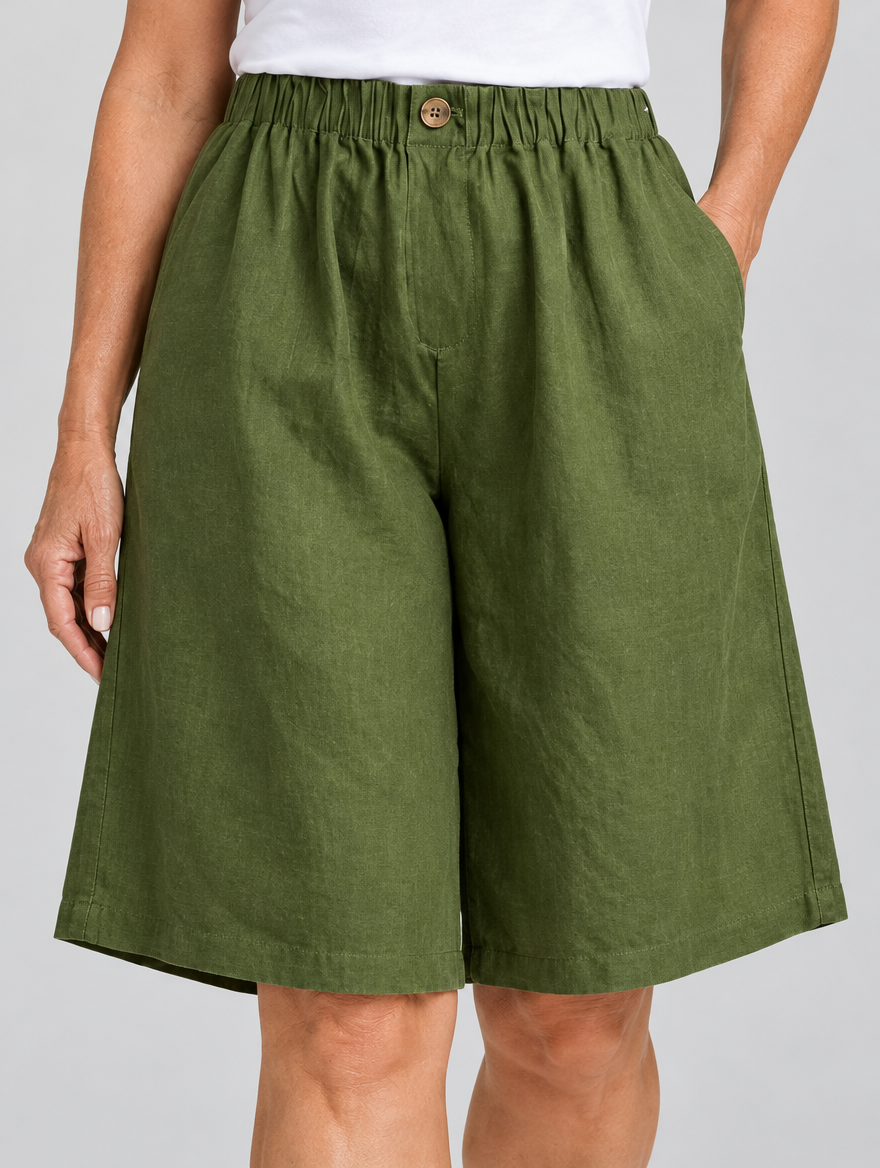 Sabby linen shorts in army green, close up of waistband and fabric