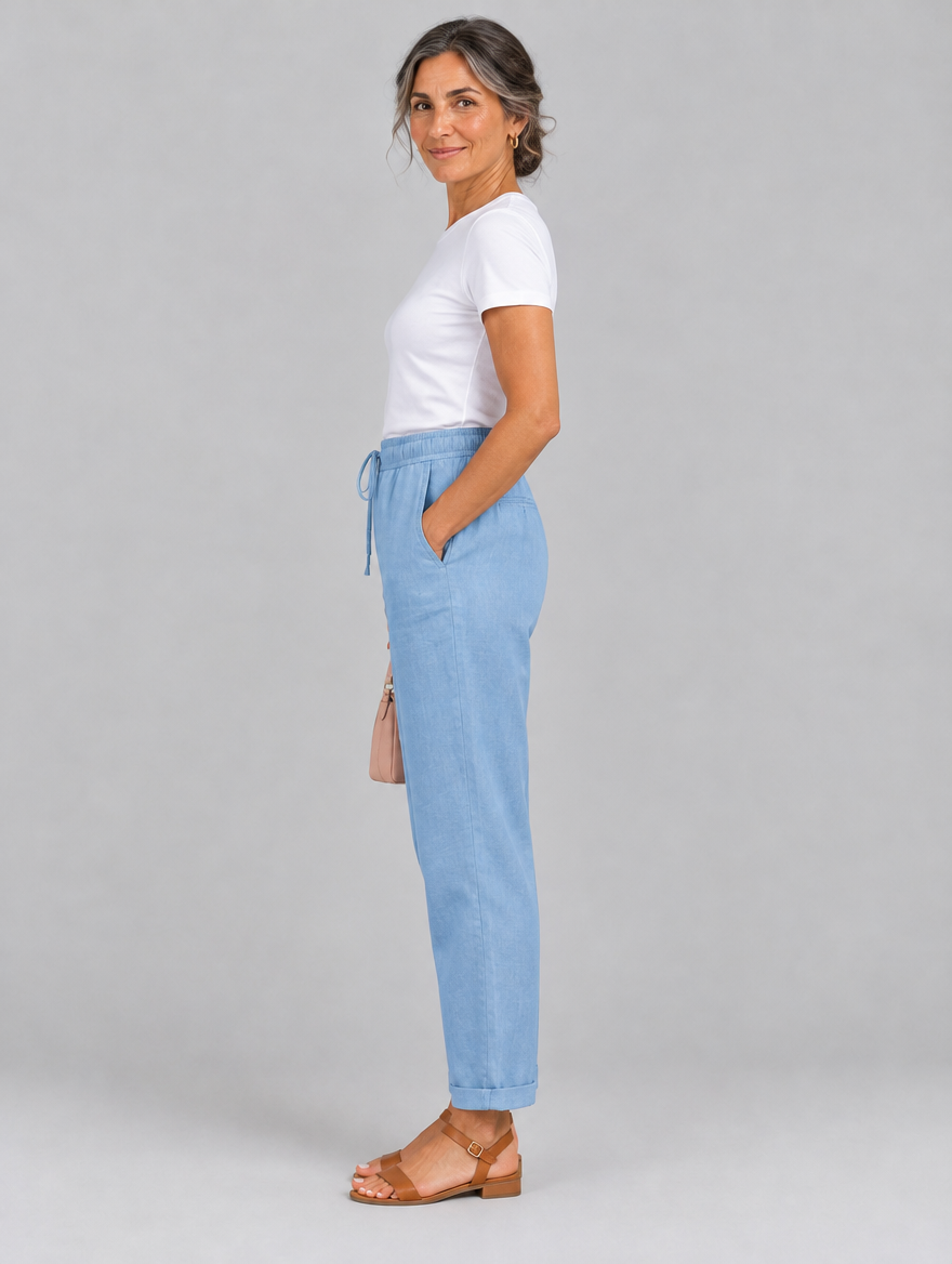 Adrianna linen trousers in light blue, side view