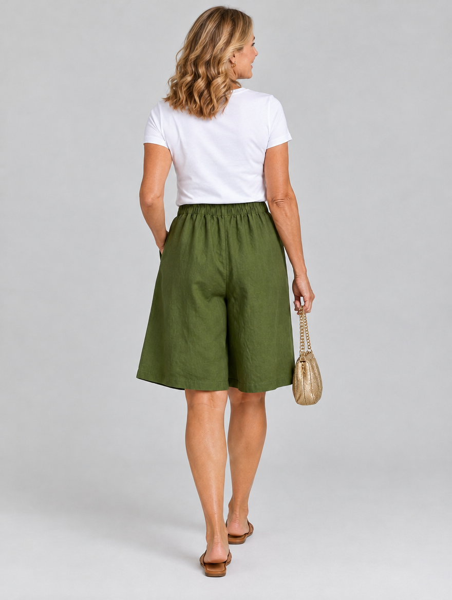 Sabby linen shorts in army green, back view