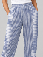 Rylie striped trousers in blue, close up of waistband and fabric