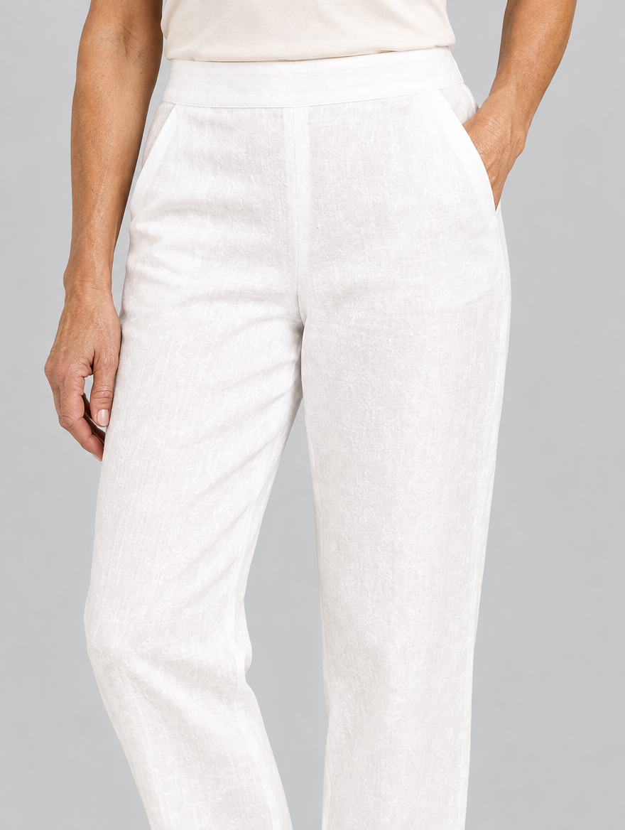 Clementine lightweight trousers in white, close up of waistband and fabric