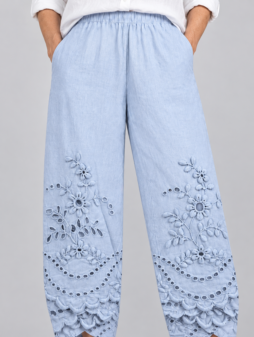 Gianna lace pants in blue, close up of waistband and fabric