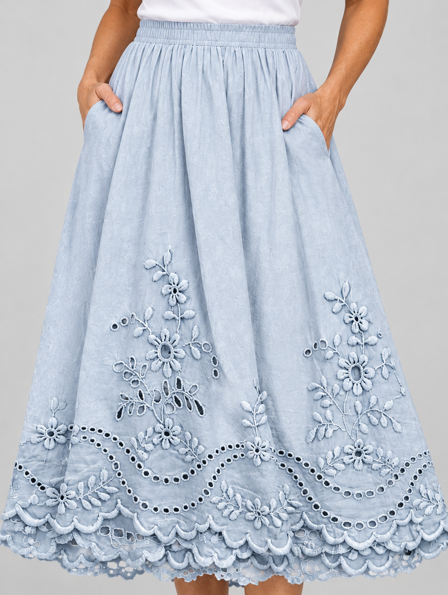 Ellie boho skirt in blue, close up of waistband and fabric