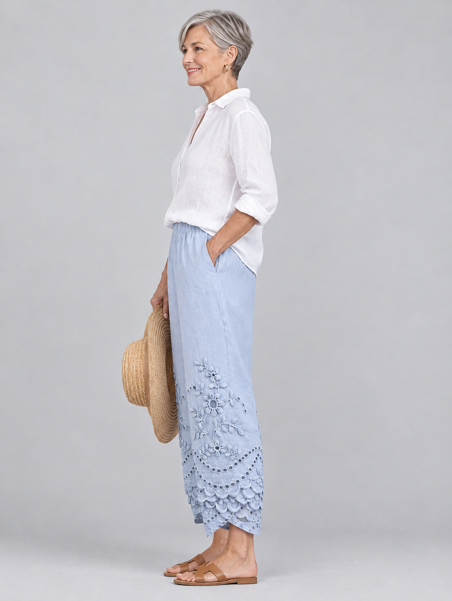 Gianna lace pants in blue, side view