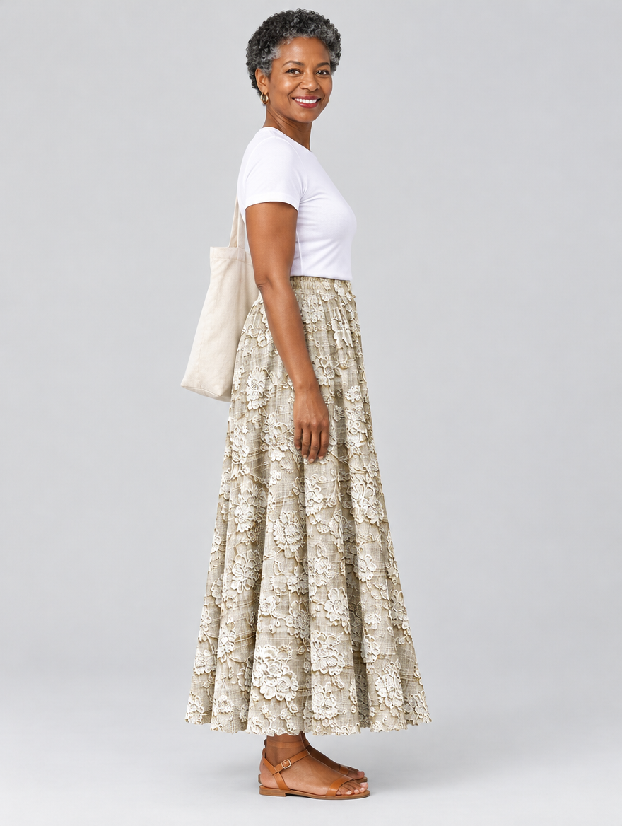 Sofia lace print skirt in khaki, side view