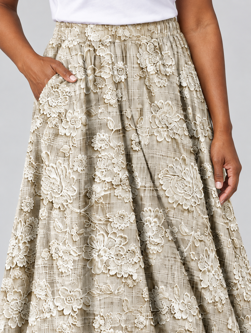 Sofia lace print skirt in khaki, close up of waistband and fabric