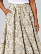 Sofia lace print skirt in khaki, close up of waistband and fabric