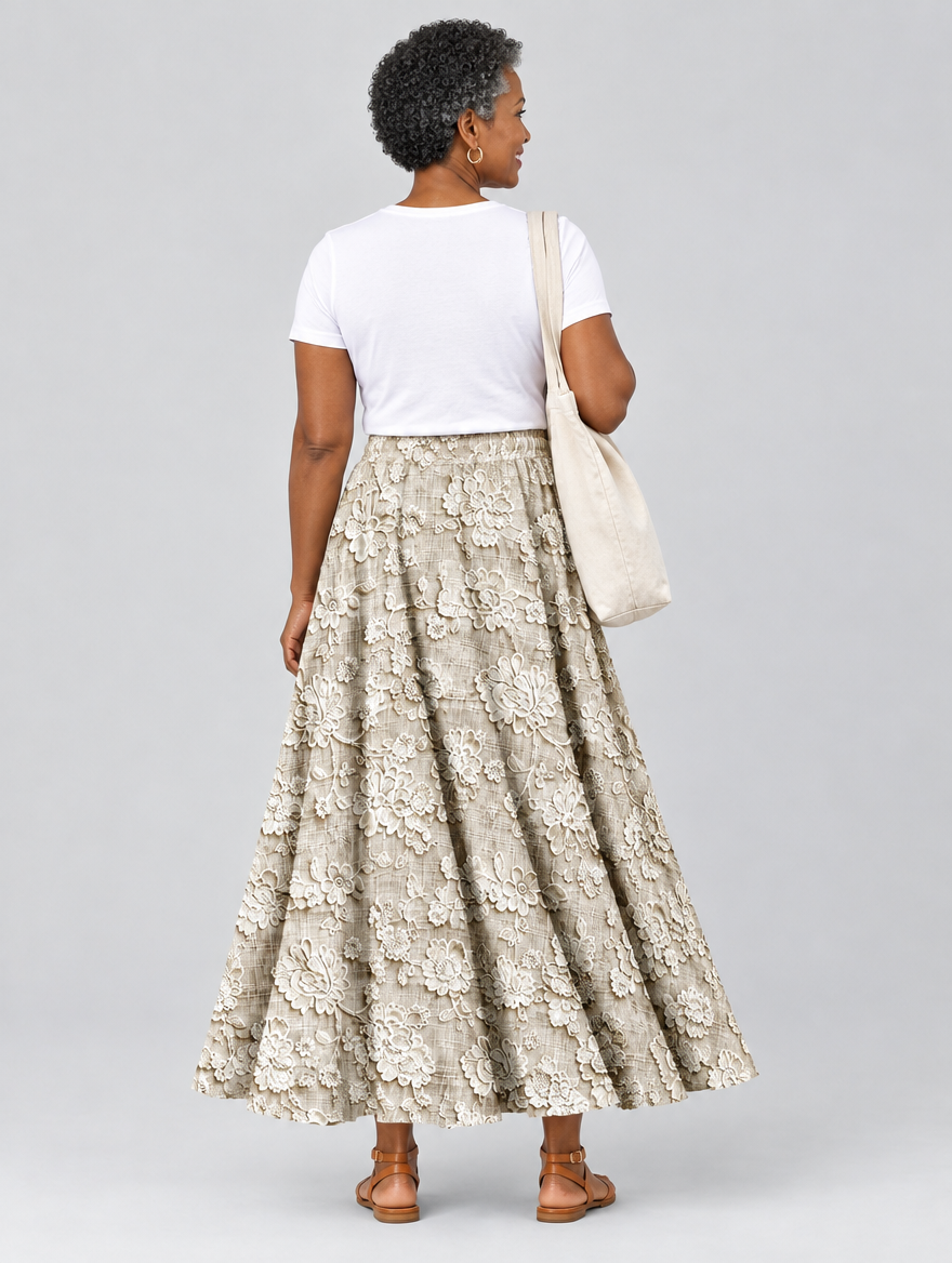 Sofia lace print skirt in khaki, back view