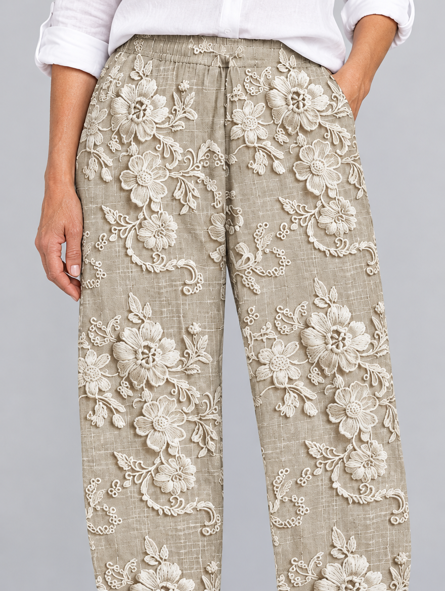 Hazel printed pants in khaki, close up of waistband and fabric