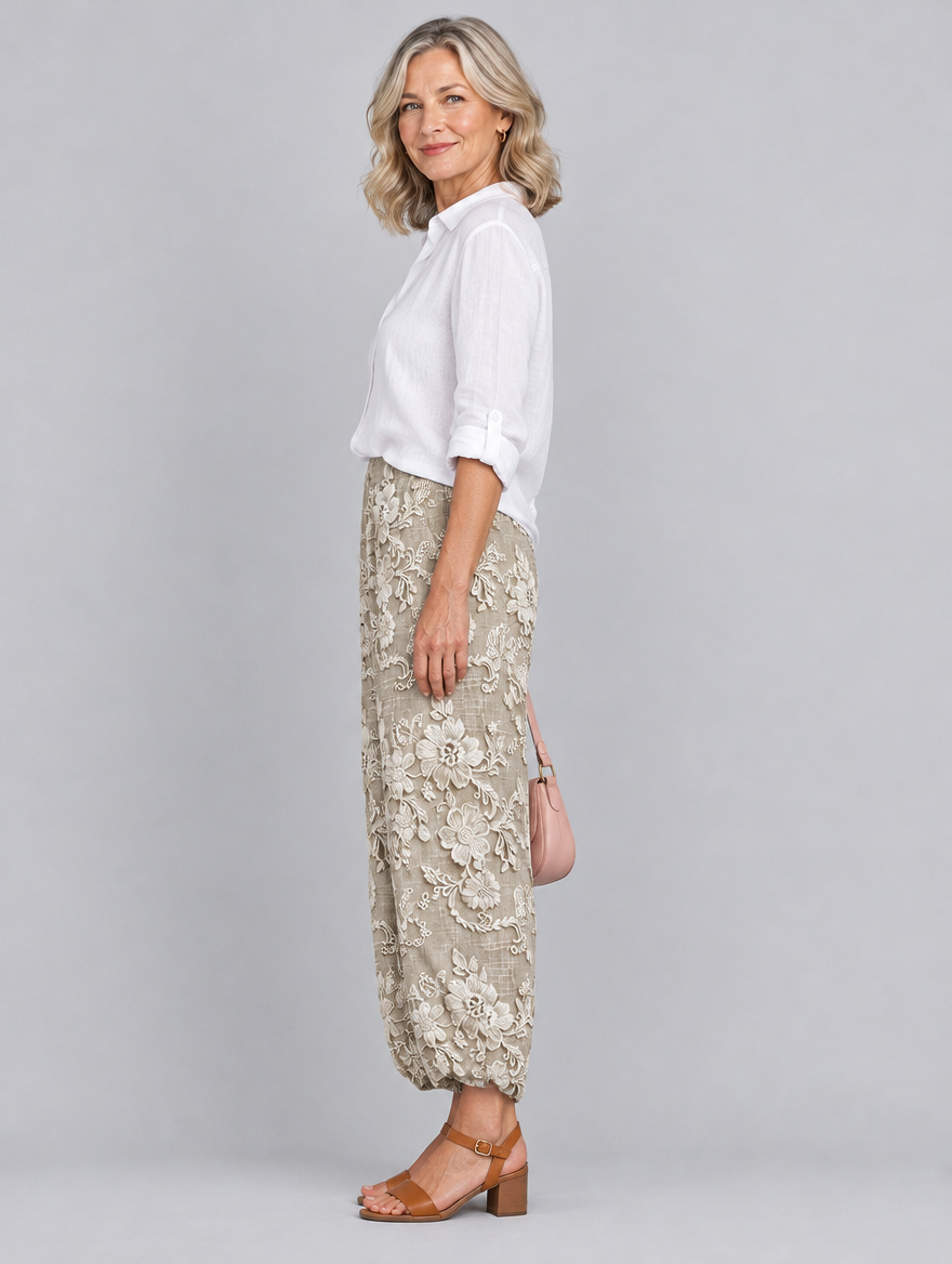 Hazel printed pants in khaki, side view