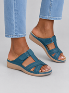 Toby sandals in blue, worn with light blue straight leg jeans
