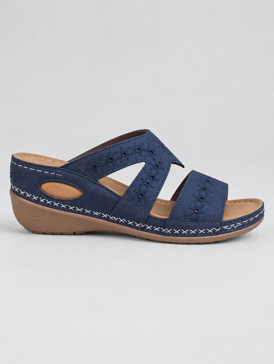 Sandy's sandals in blue, side view