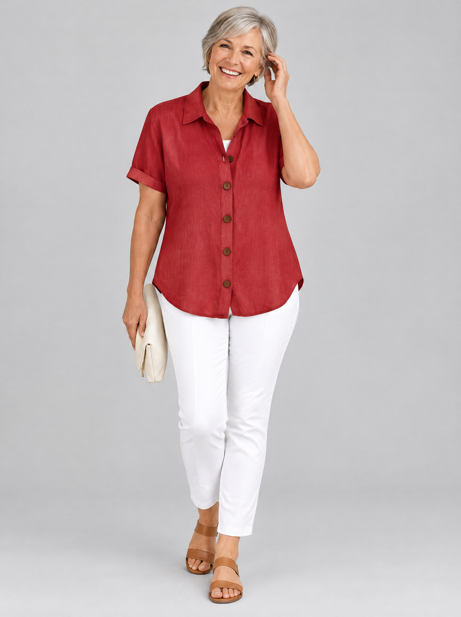 Aurelia linen button up shirt in red, front view