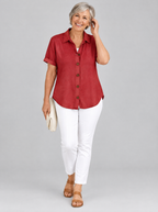 Thessaly linen button up shirt in red, front view