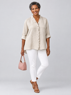 Luisa ruffled linen blouse in beige, front view