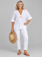 Zamma linen V neck top in white, front view